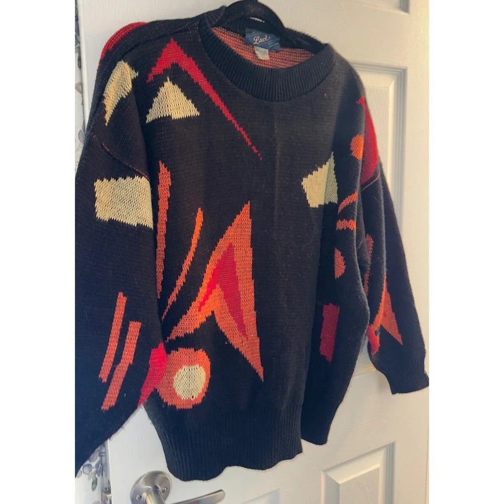 Vintage Luce Italy Abstract Geometric Lurex Knit Sweater Black Red Medium 290 - Picture 9 of 9